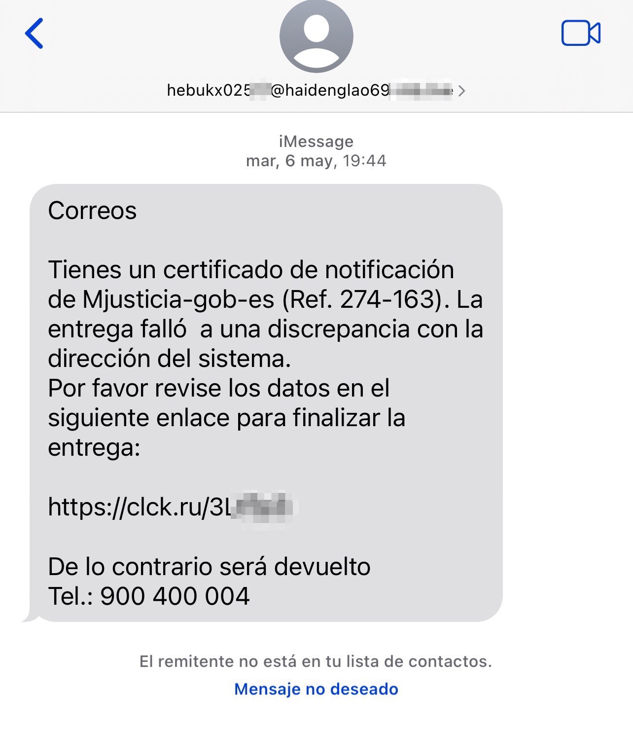 Mensaje de Spam recibido en la App de Mensajes