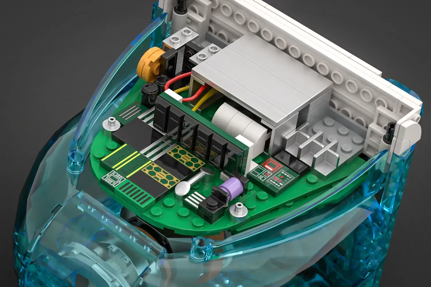 Detalle de los circuitos simulados con piezas de LEGO del iMac G3 Bondy Blue