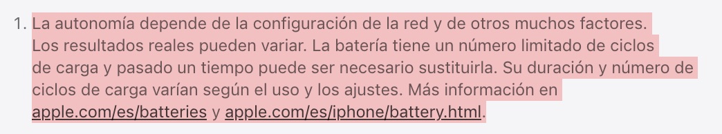 Pie de página 1 en la web de Apple, sobre la duración de la batería del iPhone Air