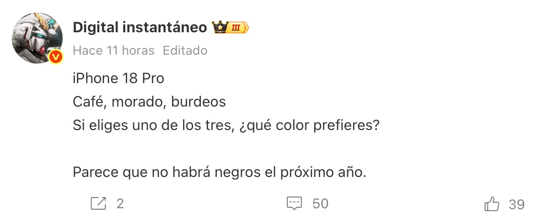 iPhone 18 Pro café, morado y burdeos