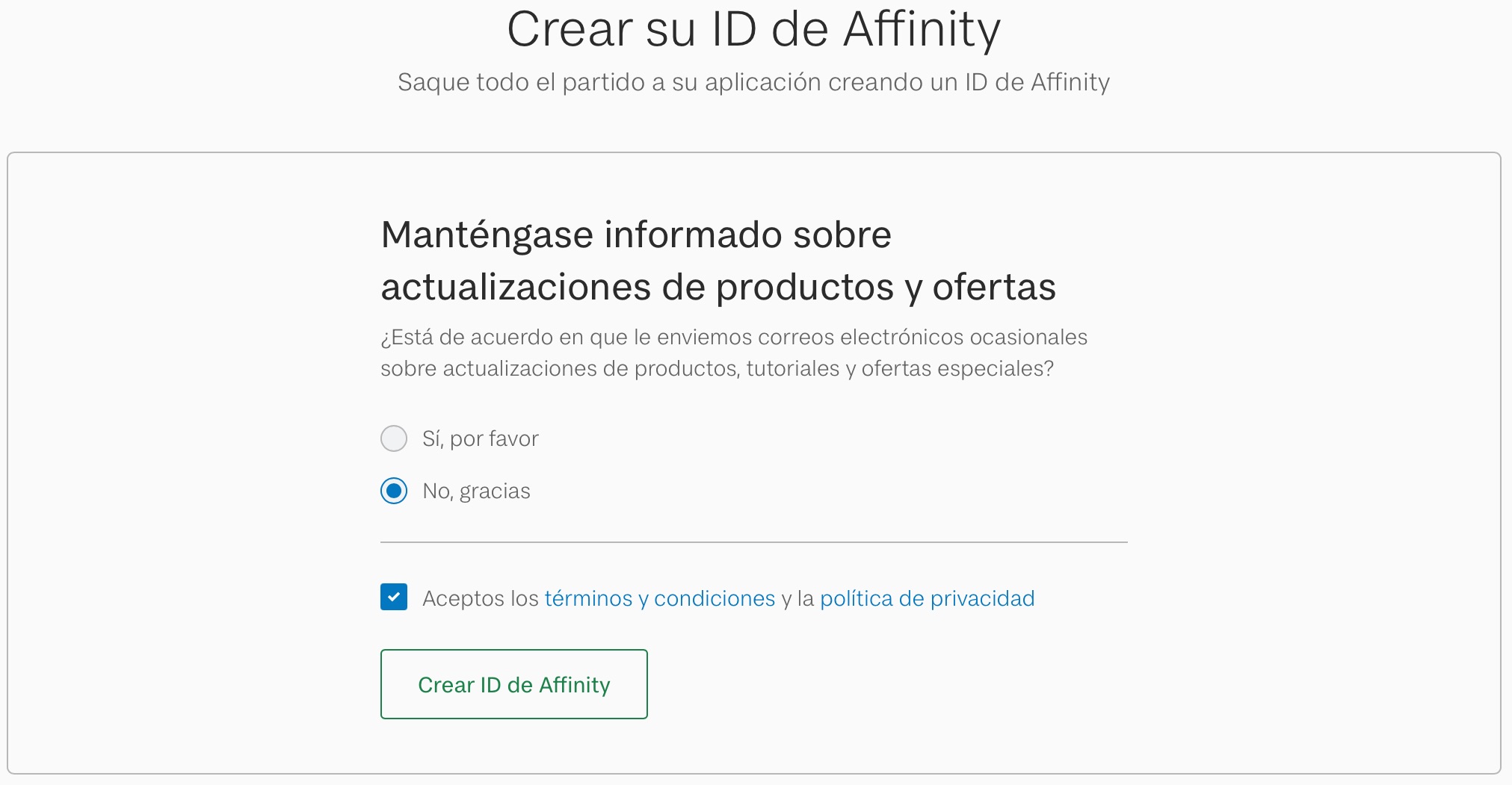 Crear cuenta de Affinity
