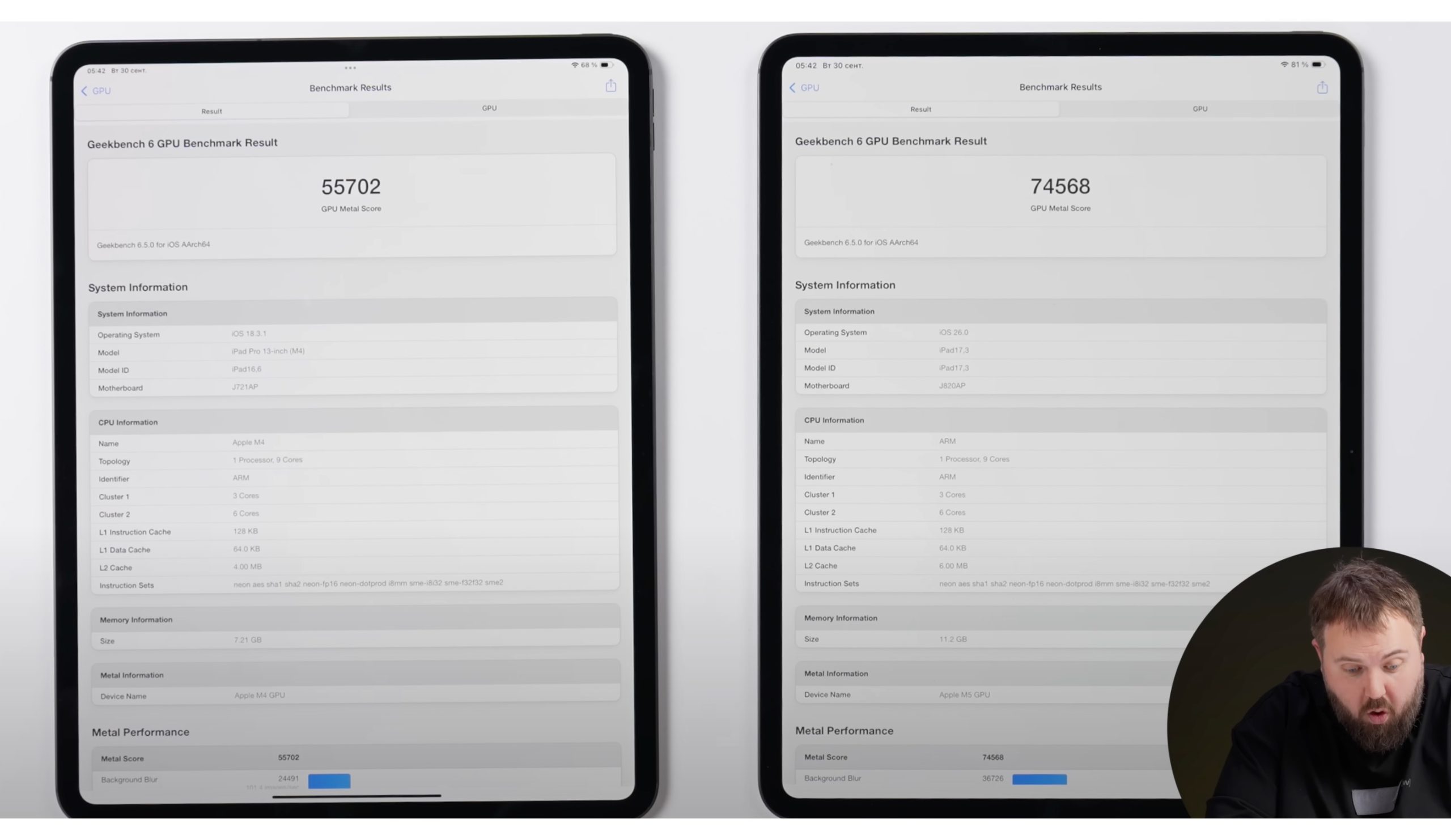 Comparación de rendimiento de la GPU en Geekbench del iPad Pro con M4 y con M5