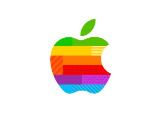 Fondo de pantalla con el logo arcoíris de Apple conmemorativo de la apertura de la Livat Apple Store en Pekín, China