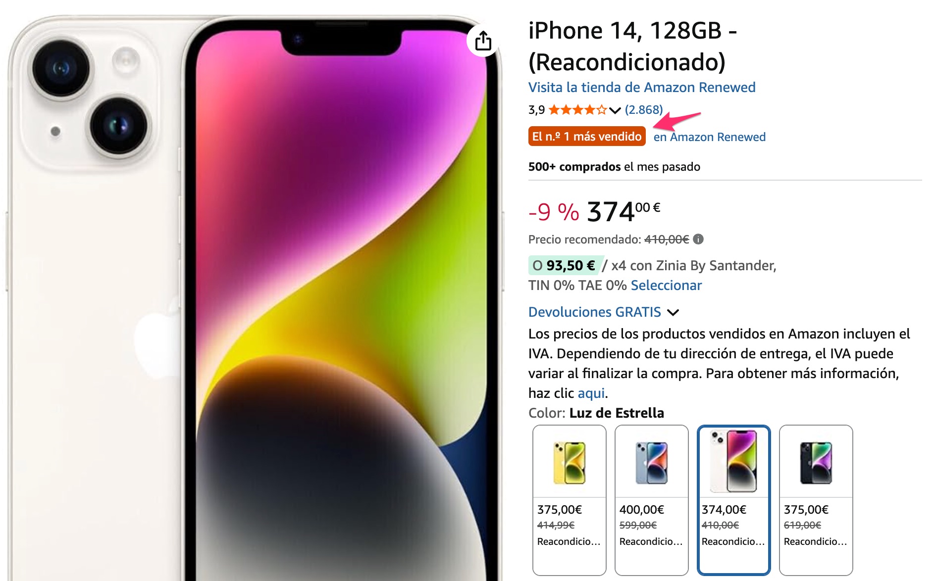 iPhone 14 reacondicionado a 374€