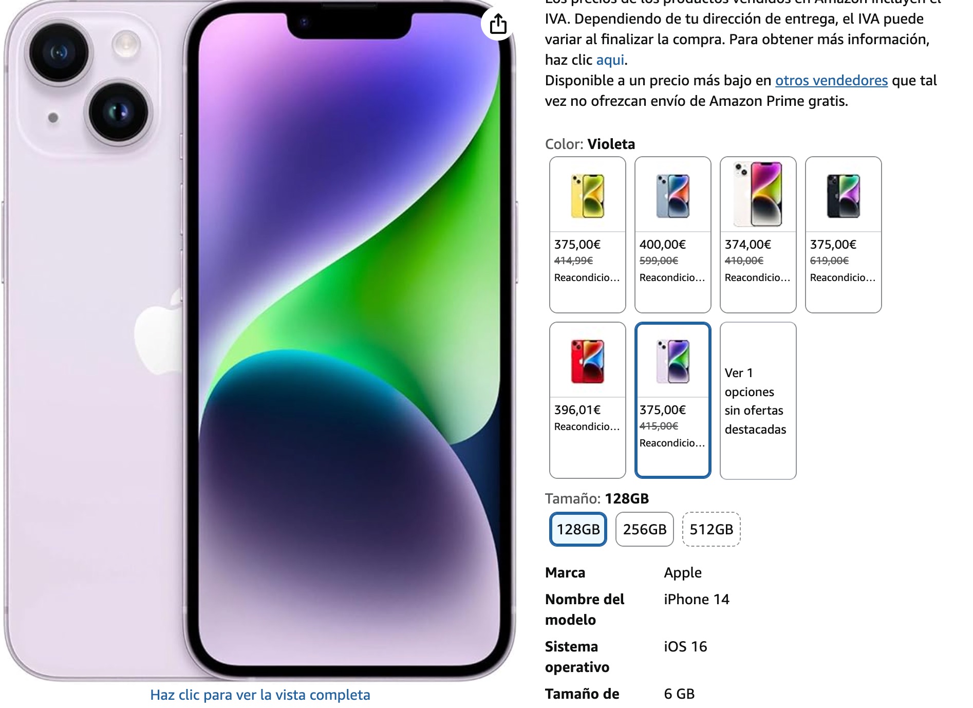 iPhone 14 de color malva o lila, reacondicionado a la venta en Amazon