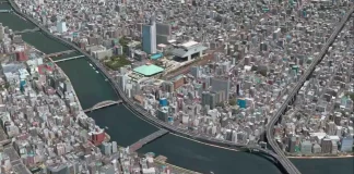 Apple Maps en el modo Flyover sobre las cercanías del río Sumida en Tokio, con el barrio de Ryogoku conocido por su estadio de Sumo al otro lado