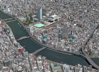 Apple Maps en el modo Flyover sobre las cercanías del río Sumida en Tokio, con el barrio de Ryogoku conocido por su estadio de Sumo al otro lado