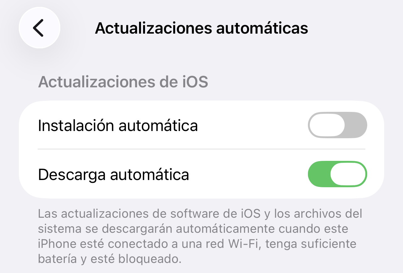 Opción de descargas automáticas de actualizaciones de iOS activadas