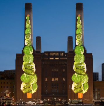 Iluminación de las oficinas de Apple en Battersea, Londres, en Navidad de 2025