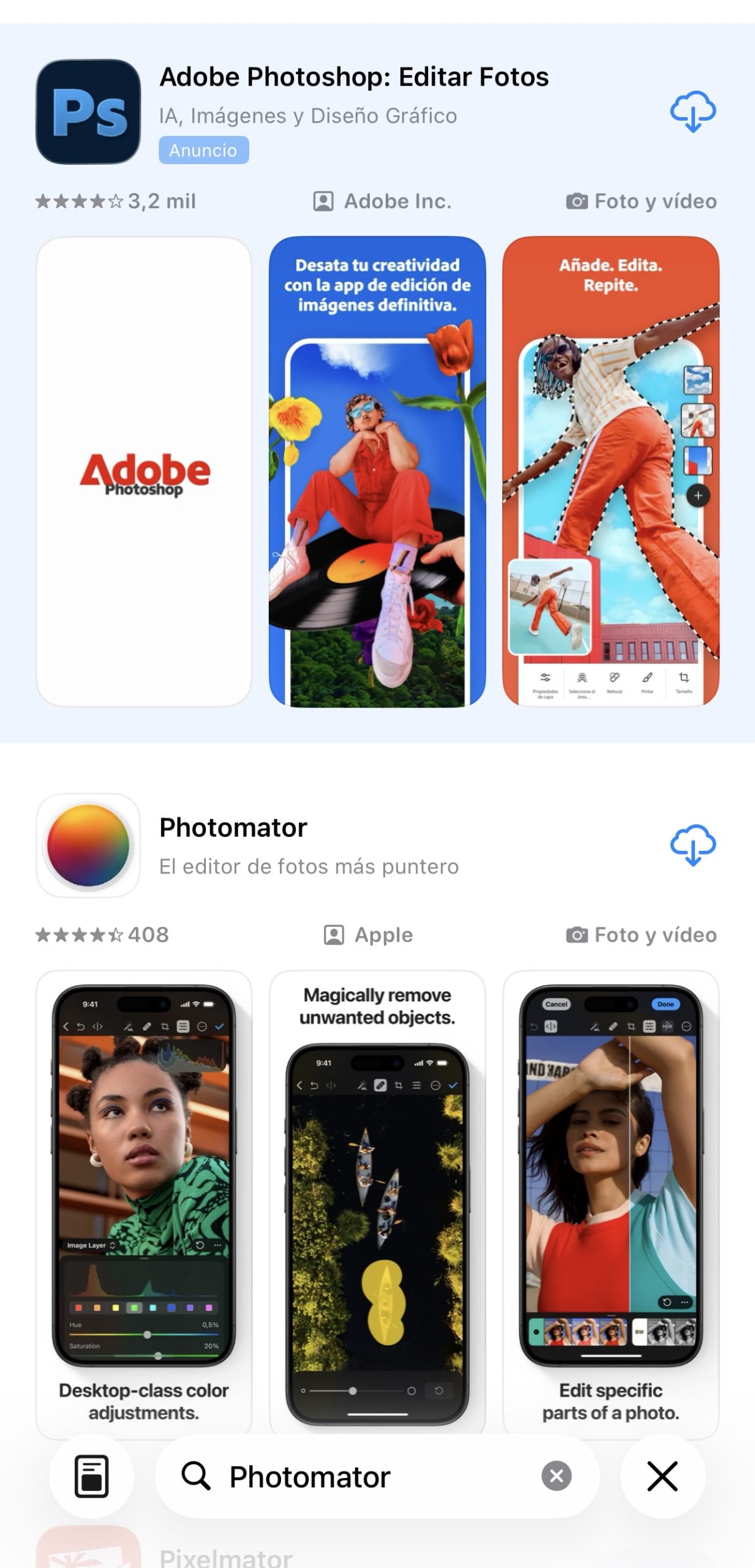 Resultado de búsqueda patrocinado (pagado) por Adobe, para aparecer cuando se buscan Apps competidoras