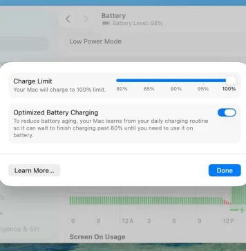 Nuevo ajuste para poder limitar manualmente un porcentaje de carga de la batería de un MacBook