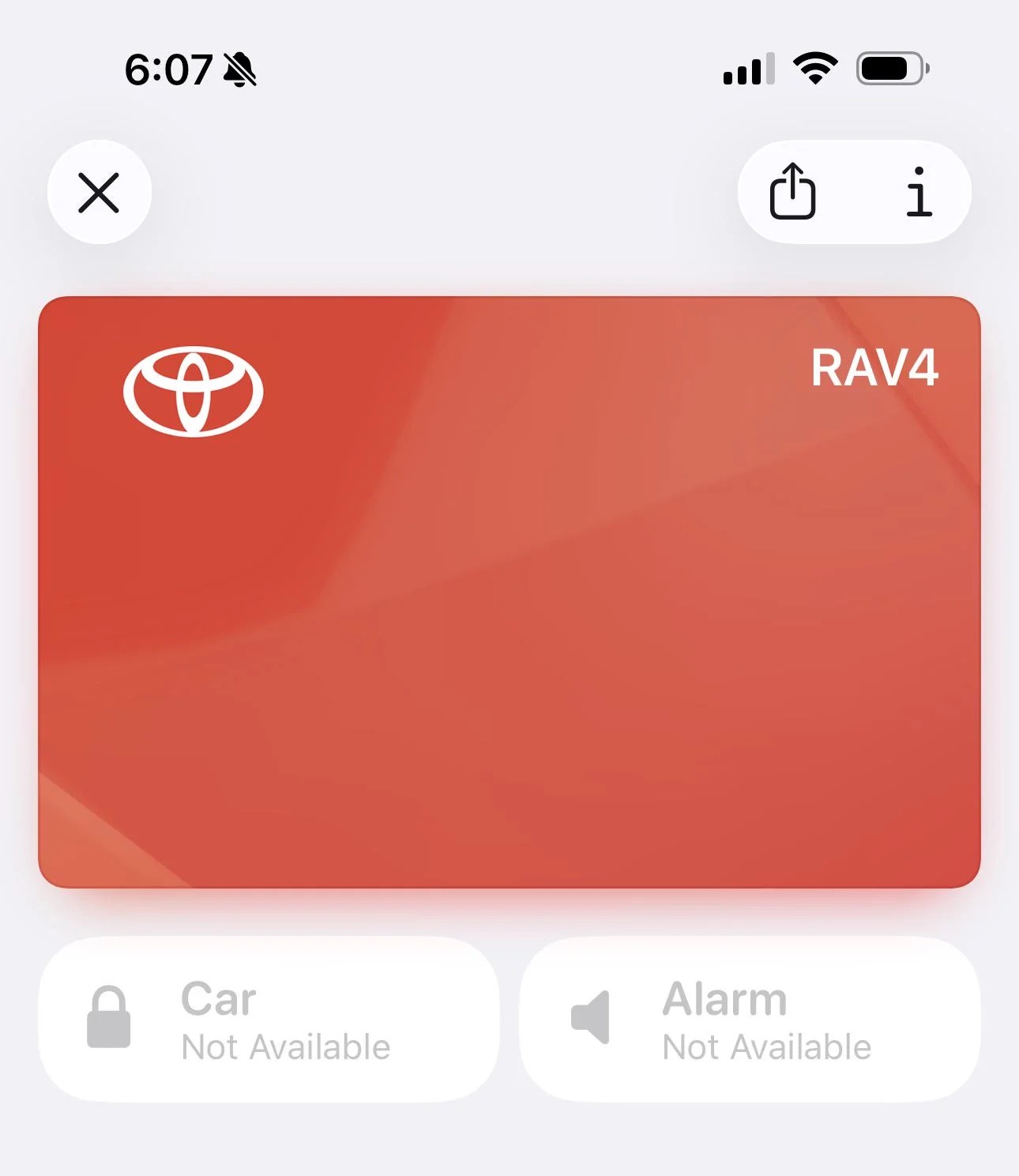 Llave electrónica para un Toyota en la App de Carpeta (Wallet) de iOS