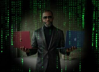 Un hombre con un aire a Morfeo de Matrix nos ofrece dos MacBook Neo en color rojo o azul, ¿cuál eliges? ;)